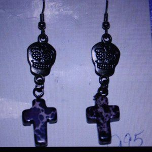 3/$15 Sugar Skull & Purple Leopard Cross Earrings